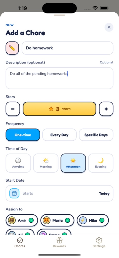 Kid Chore app screen for adding a chore with star value, frequency, time of day, and kids to assign it to