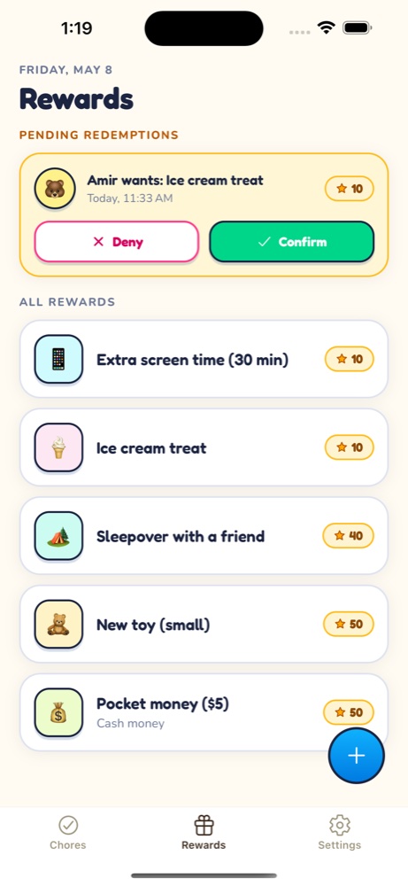 Kid Chore app rewards screen with a catalog of rewards and their star costs
