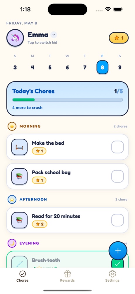 Kid Chore app dashboard showing a kid's chores for today with star values and progress